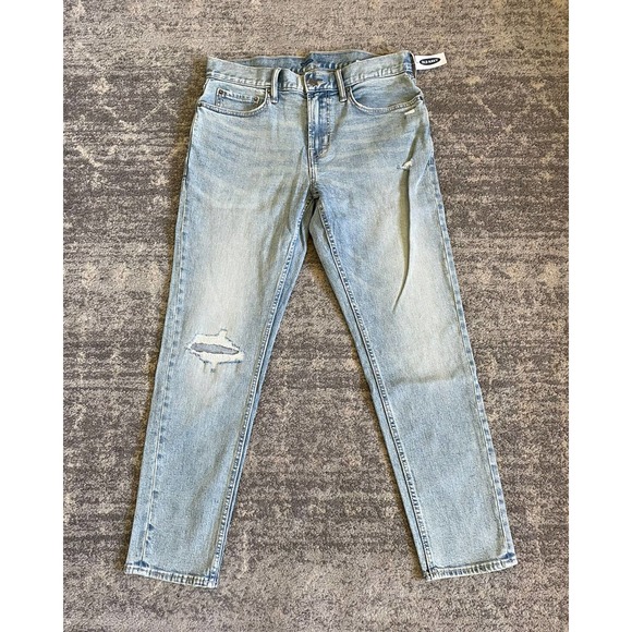 Old Navy Mens 32X32 Jeans Relaxed Slim Light Wash Blue Distressed NWT P1 - Picture 1 of 12